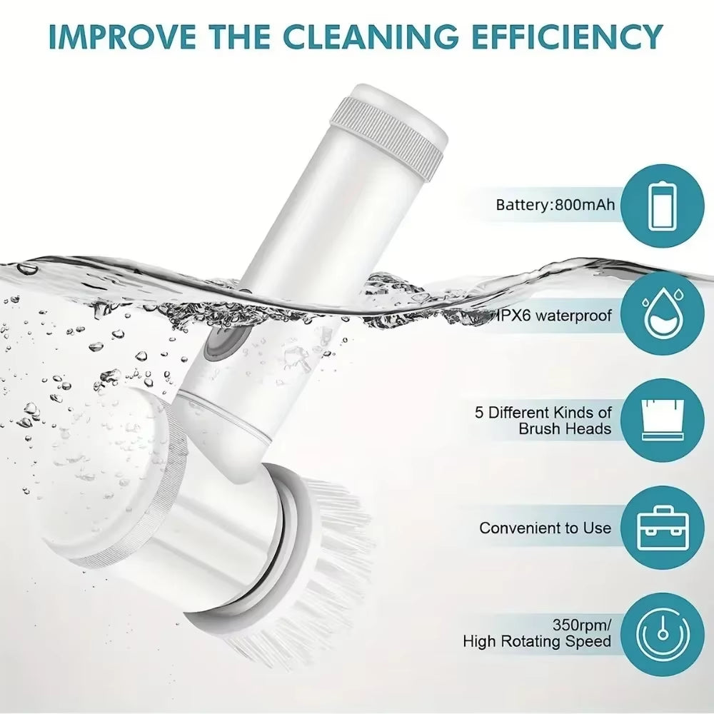 New Power Electric Interior Car Scrubber With 5 Replaceable Brush Heads 