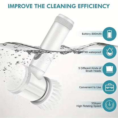 New Power Electric Interior Car Scrubber With 5 Replaceable Brush Heads 